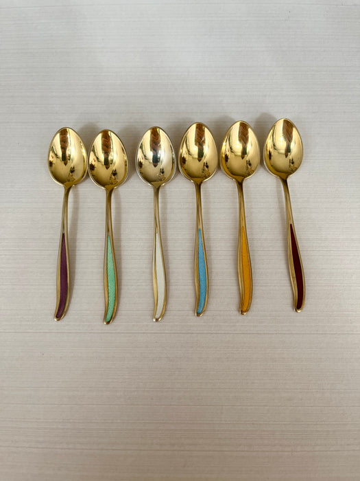 Guilloche 925 Sterling silver small spoon - gold plated with enamel handle