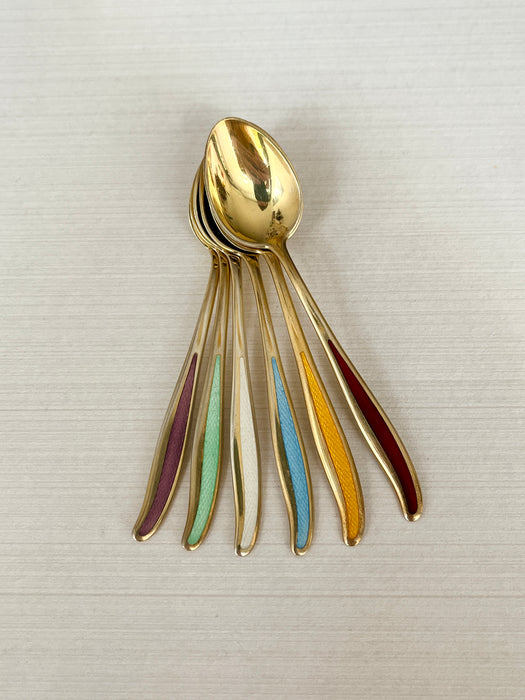 Guilloche 925 Sterling silver small spoon - gold plated with enamel handle