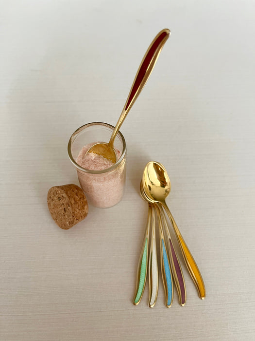 Guilloche 925 Sterling silver small spoon - gold plated with enamel handle