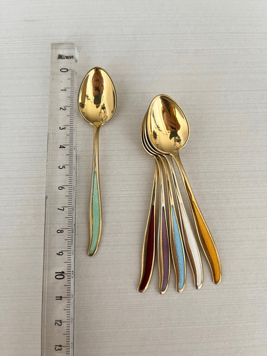 Guilloche 925 Sterling silver small spoon - gold plated with enamel handle