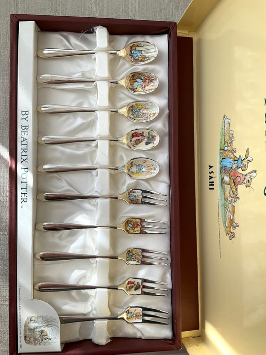 Set of 10 stainless steel spoons + forks with Peter Rabbit illustrations on the mouthpart