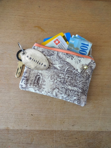 Handmade wallet/pouch in Toile de Jouy 12.50x9cm (SMALL)
