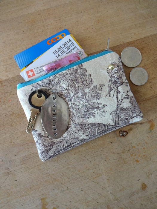 Handmade wallet/pouch in Toile de Jouy 14.50x10cm (MEDIUM)